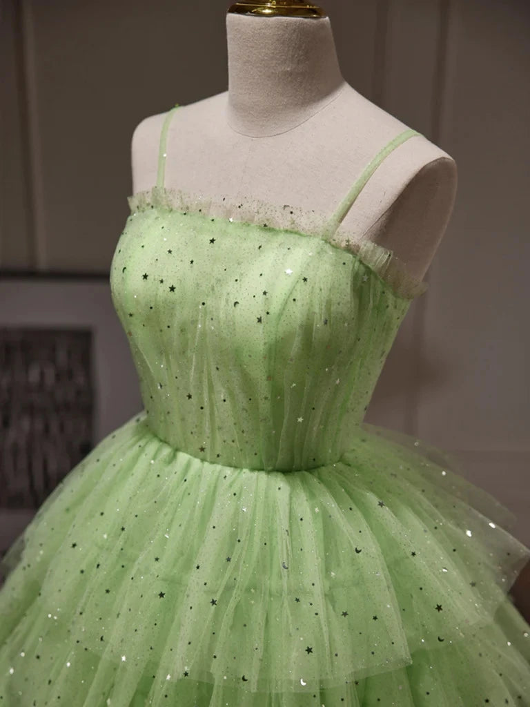 Sparkling A-Line Spaghetti Strap Tiered Sequins Tulle Light Green Short Homecoming Dress