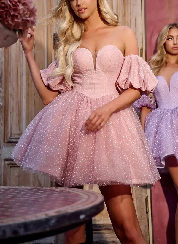 Sparkling A-Line Sweetheart Puffy Sleeve Glitter Pink Short Homecoming Dress