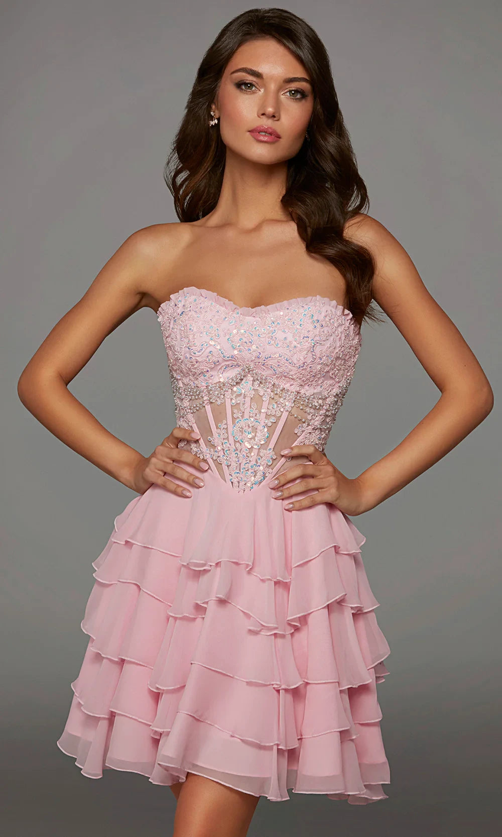 Sparkling A-Line Sweetheart Sequin Appliques Tiered Ruffled Pink Short Homecoming Dress