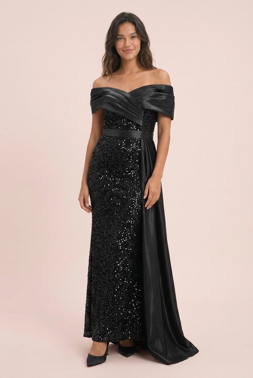 Sparkling Sheath Off-Shoulder Sequin Black Floor-Length Prom Dress With Streamer