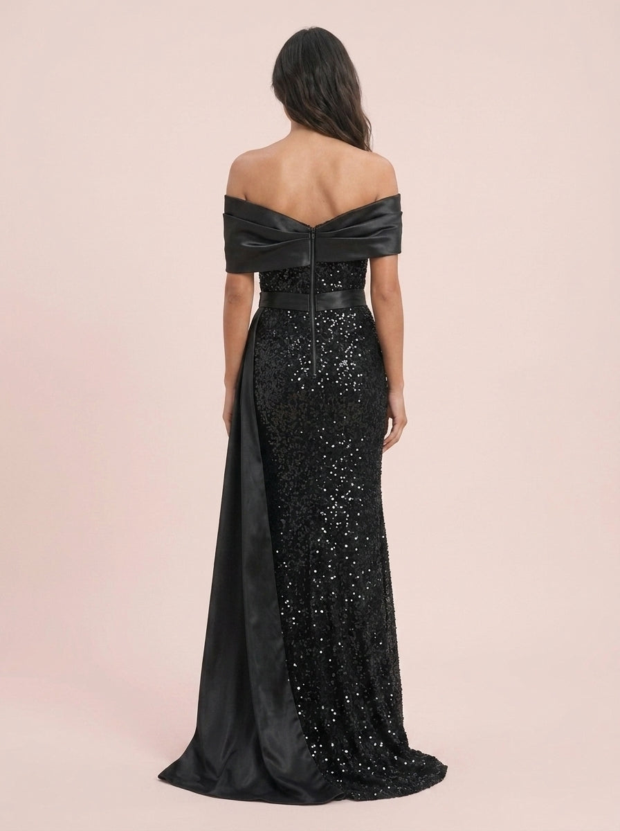 Sparkling Sheath Off-Shoulder Sequin Black Floor-Length Prom Dress With Streamer