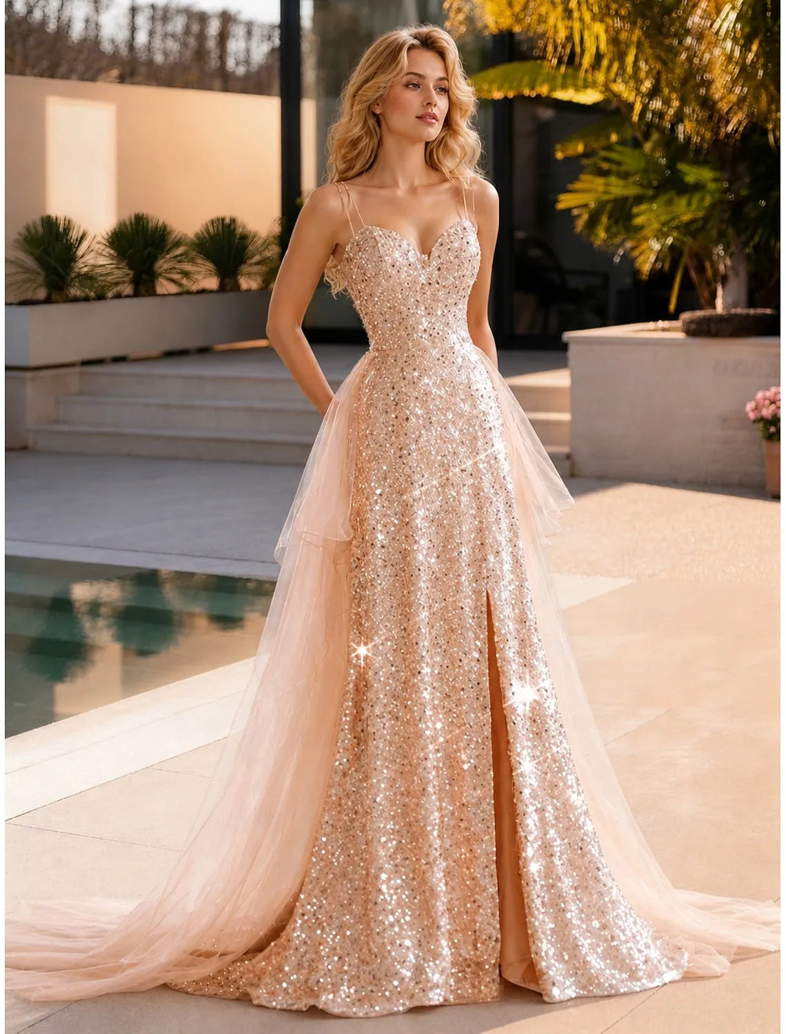 Sparkling Sheath Sweetheart High-Slit Tulle Sequin Rose Gold Floor-Length Prom Dress