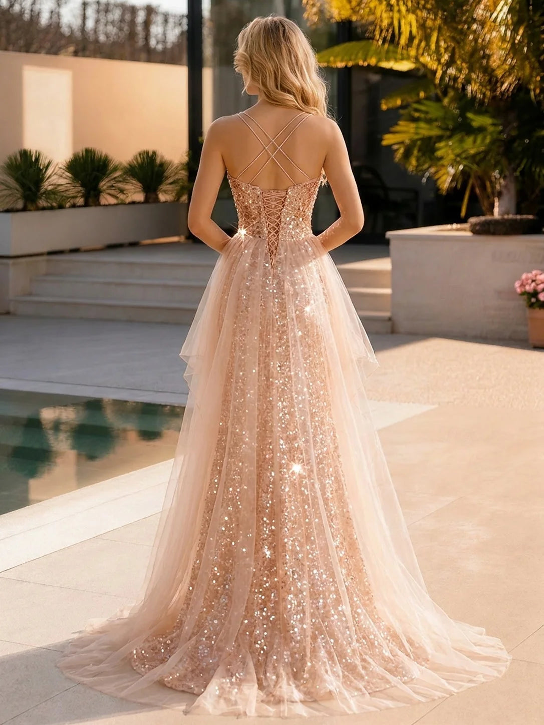 Sparkling Sheath Sweetheart High-Slit Tulle Sequin Rose Gold Floor-Length Prom Dress