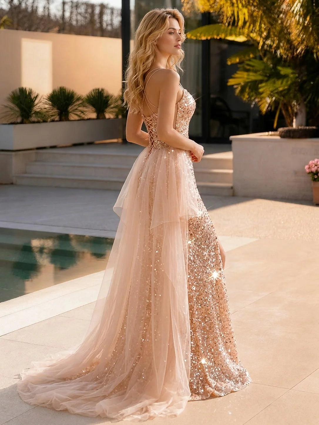 Sparkling Sheath Sweetheart High-Slit Tulle Sequin Rose Gold Floor-Length Prom Dress