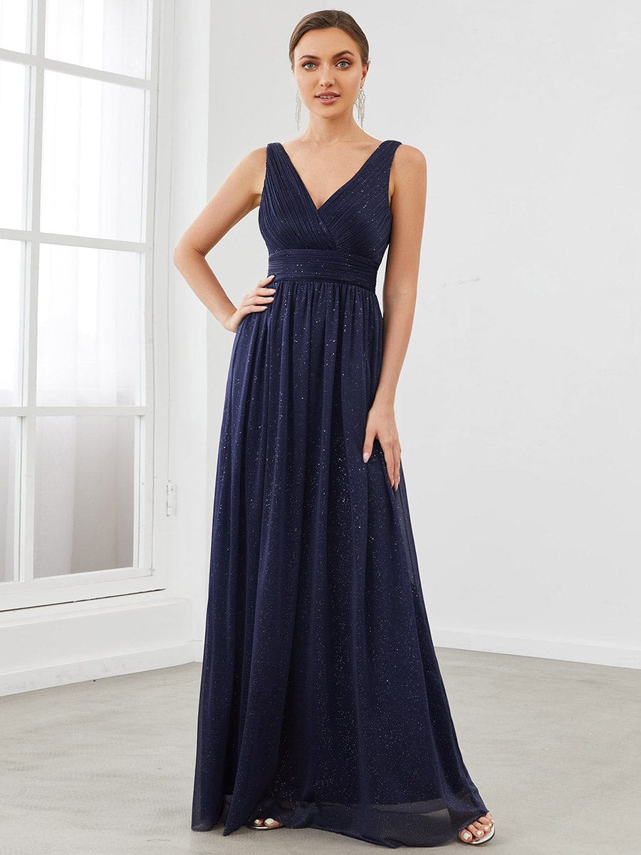 Navy blue sparkly double V-neck floor length evening dress.