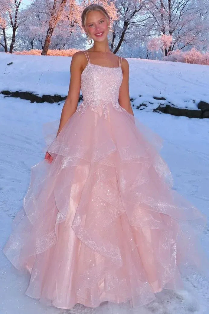 Sparkly Lace Up Back Ruffled Tulle Ball Gown Prom Dress