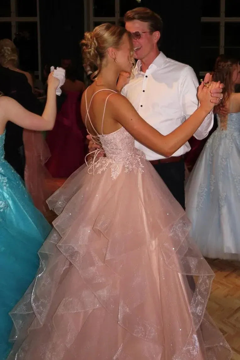 Sparkly Lace Up Back Ruffled Tulle Ball Gown Prom Dress
