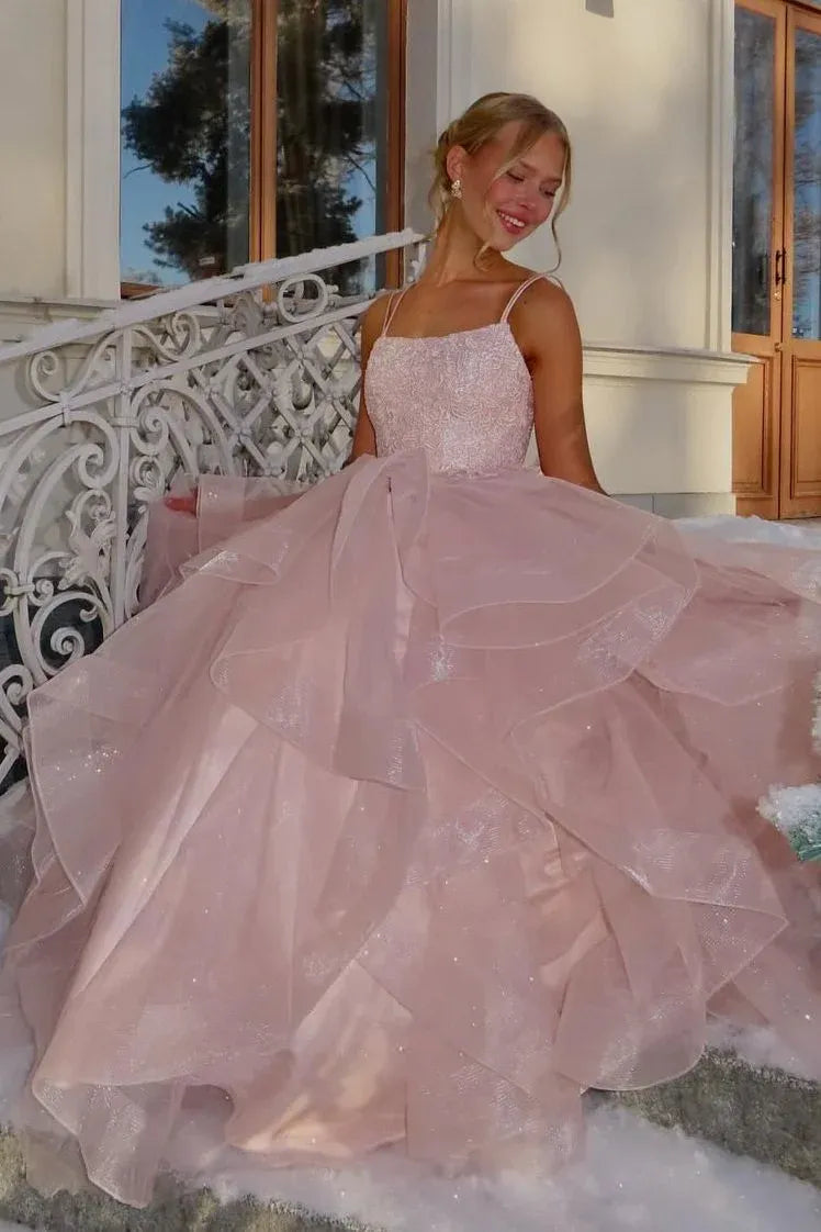 Sparkly Lace Up Back Ruffled Tulle Ball Gown Prom Dress