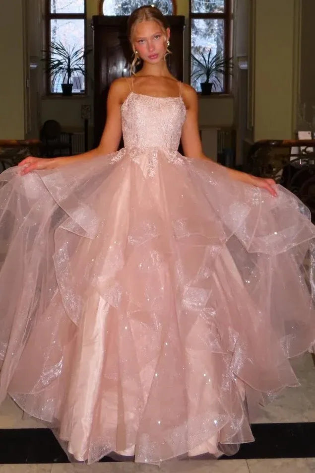 Sparkly Lace Up Back Ruffled Tulle Ball Gown Prom Dress