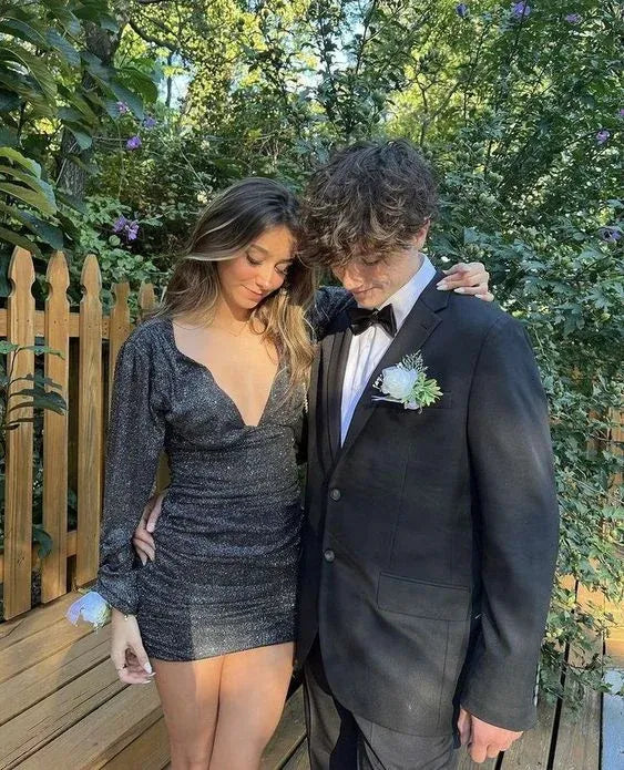 Sparkly V-Neck Long Puff Sleeve Ruched Bodycon Homecoming Mini Dress