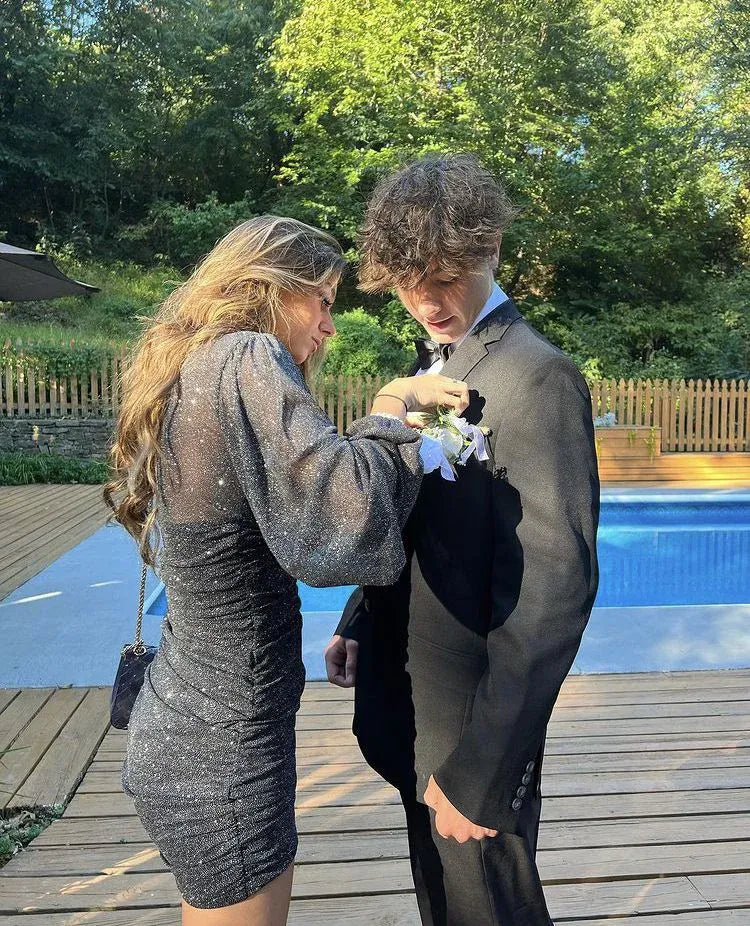 Sparkly V-Neck Long Puff Sleeve Ruched Bodycon Homecoming Mini Dress