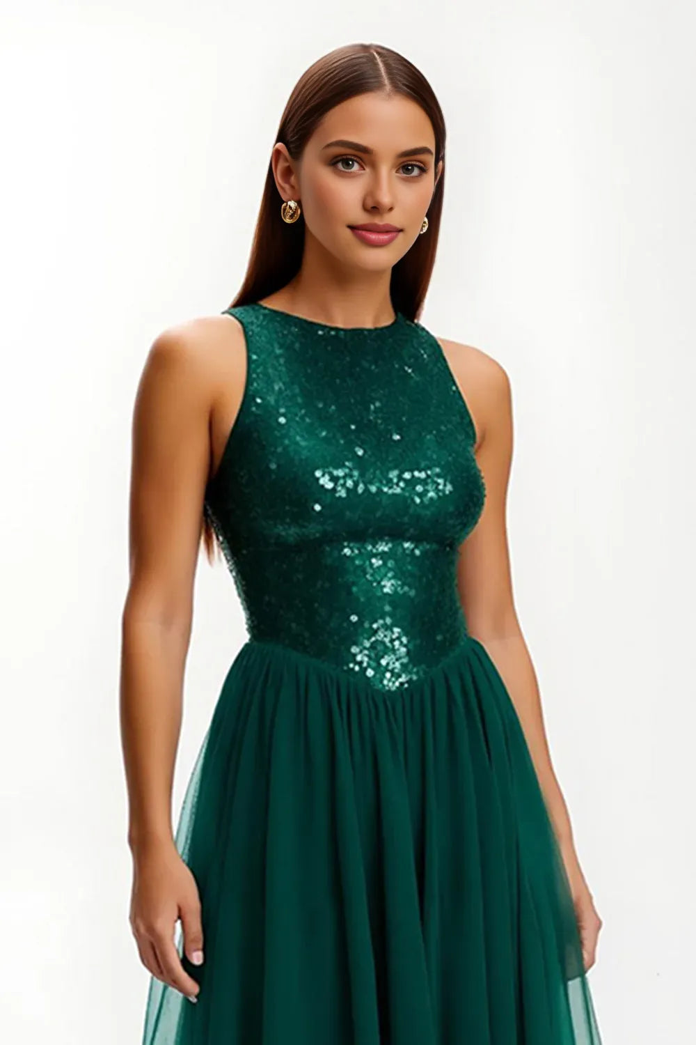 Sparkly A-Line Round Neck Sleeveless Sequins Sweep/Brush Train Prom Dress