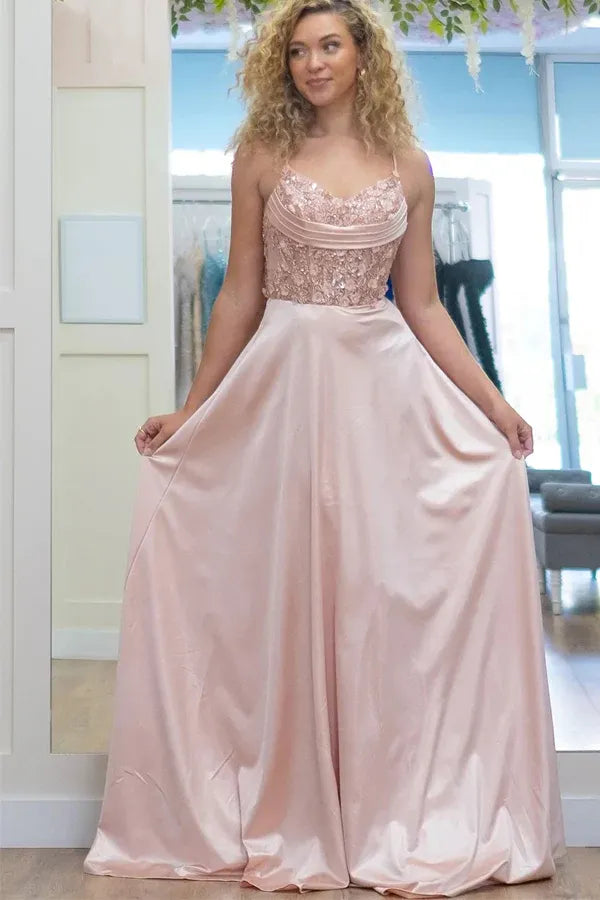 Sparkly A-Line Spaghetti Straps Beaded Sleeveless Satin Prom Gown