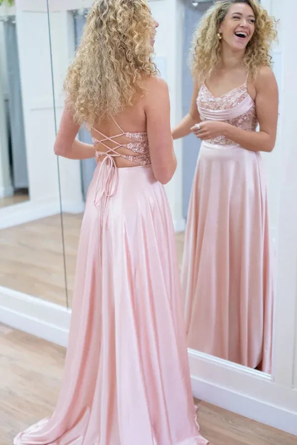 Sparkly A-Line Spaghetti Straps Beaded Sleeveless Satin Prom Gown