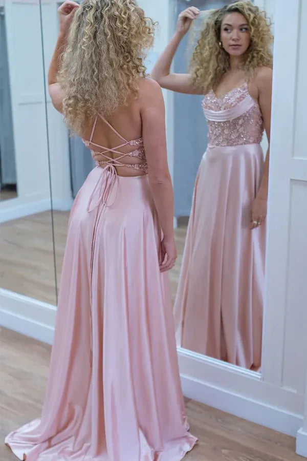 Sparkly A-Line Spaghetti Straps Beaded Sleeveless Satin Prom Gown