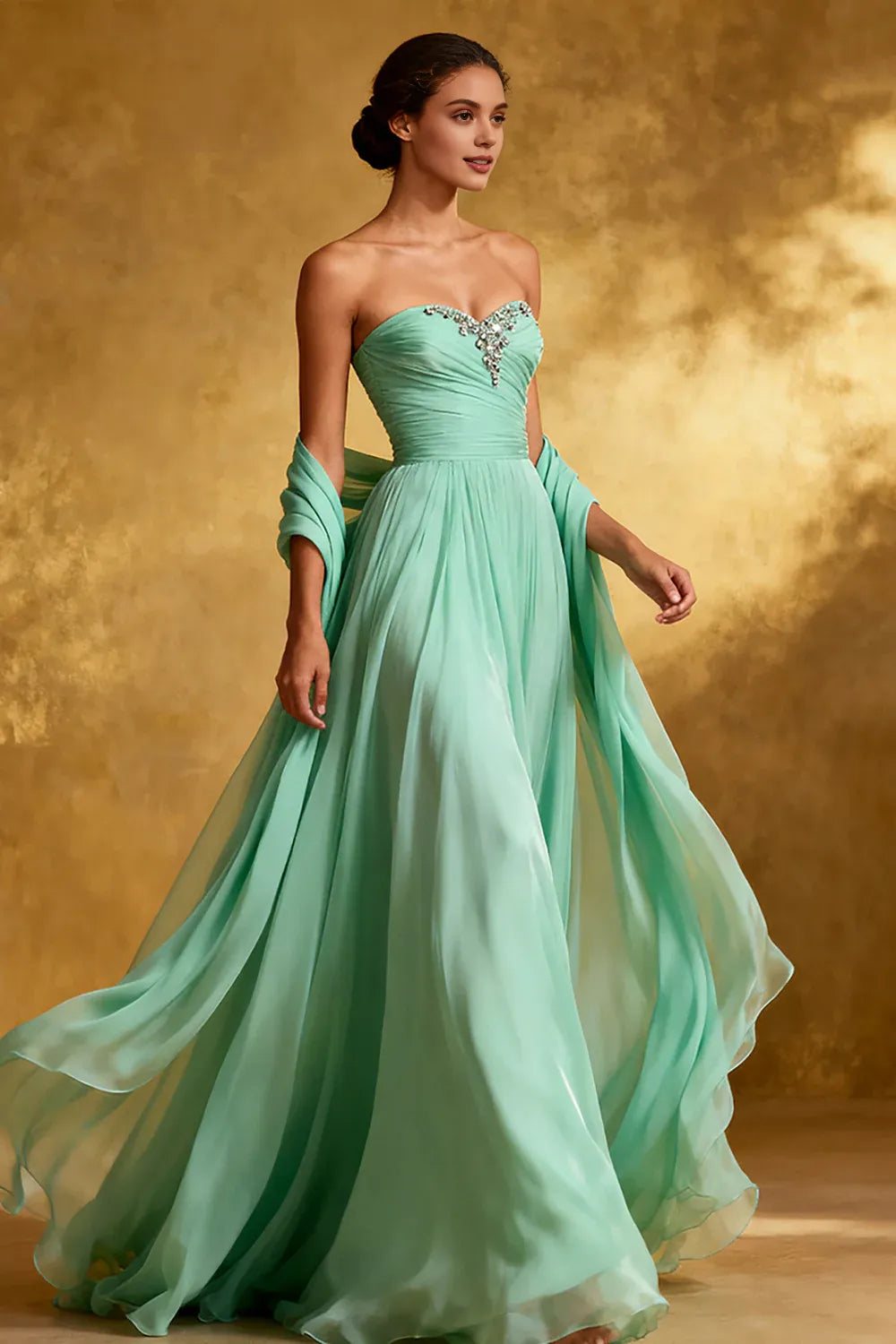 Sparkly A-Line Strapless Sleeveless Chiffon Sweep/Brush Train Prom Dress