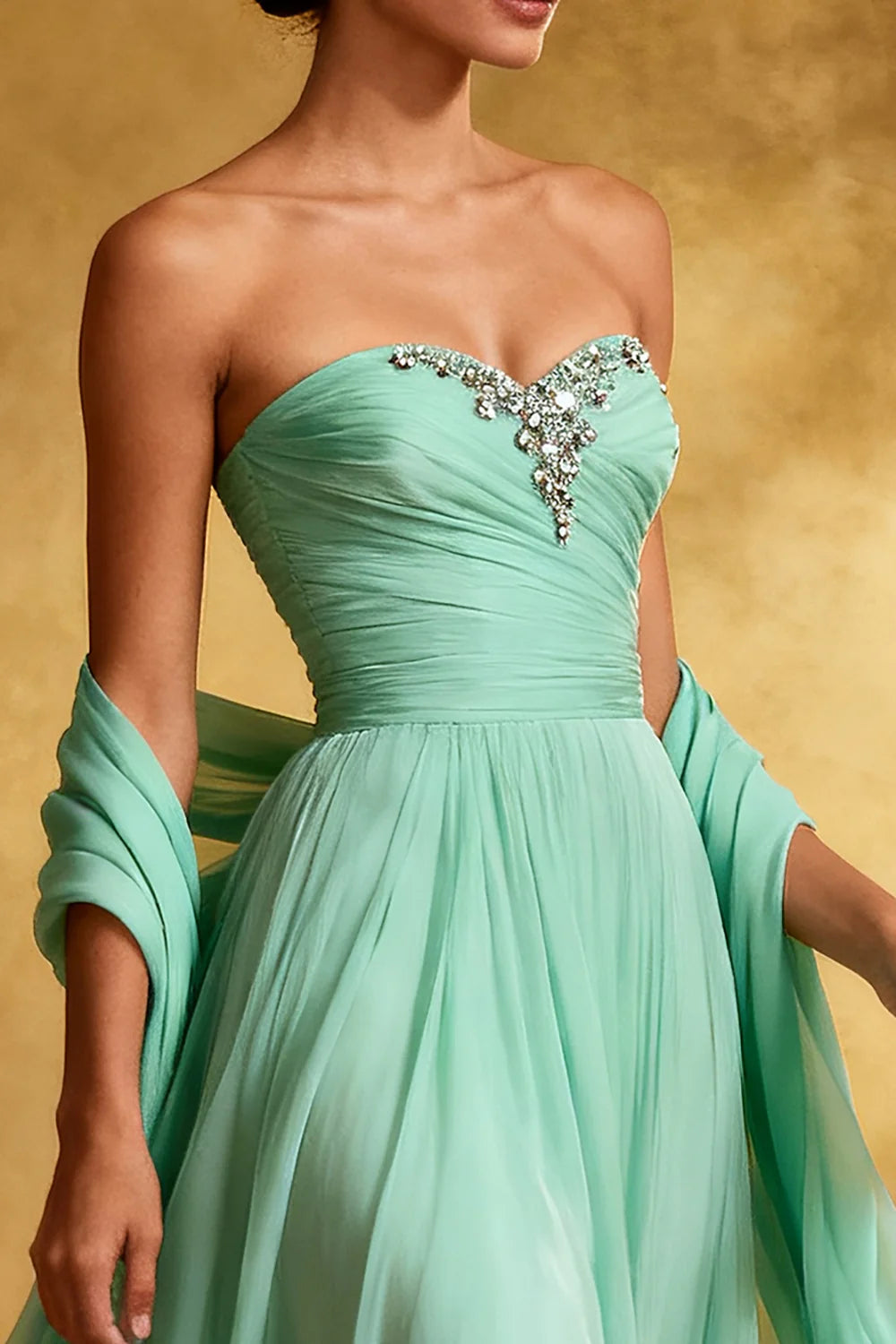 Sparkly A-Line Strapless Sleeveless Chiffon Sweep/Brush Train Prom Dress
