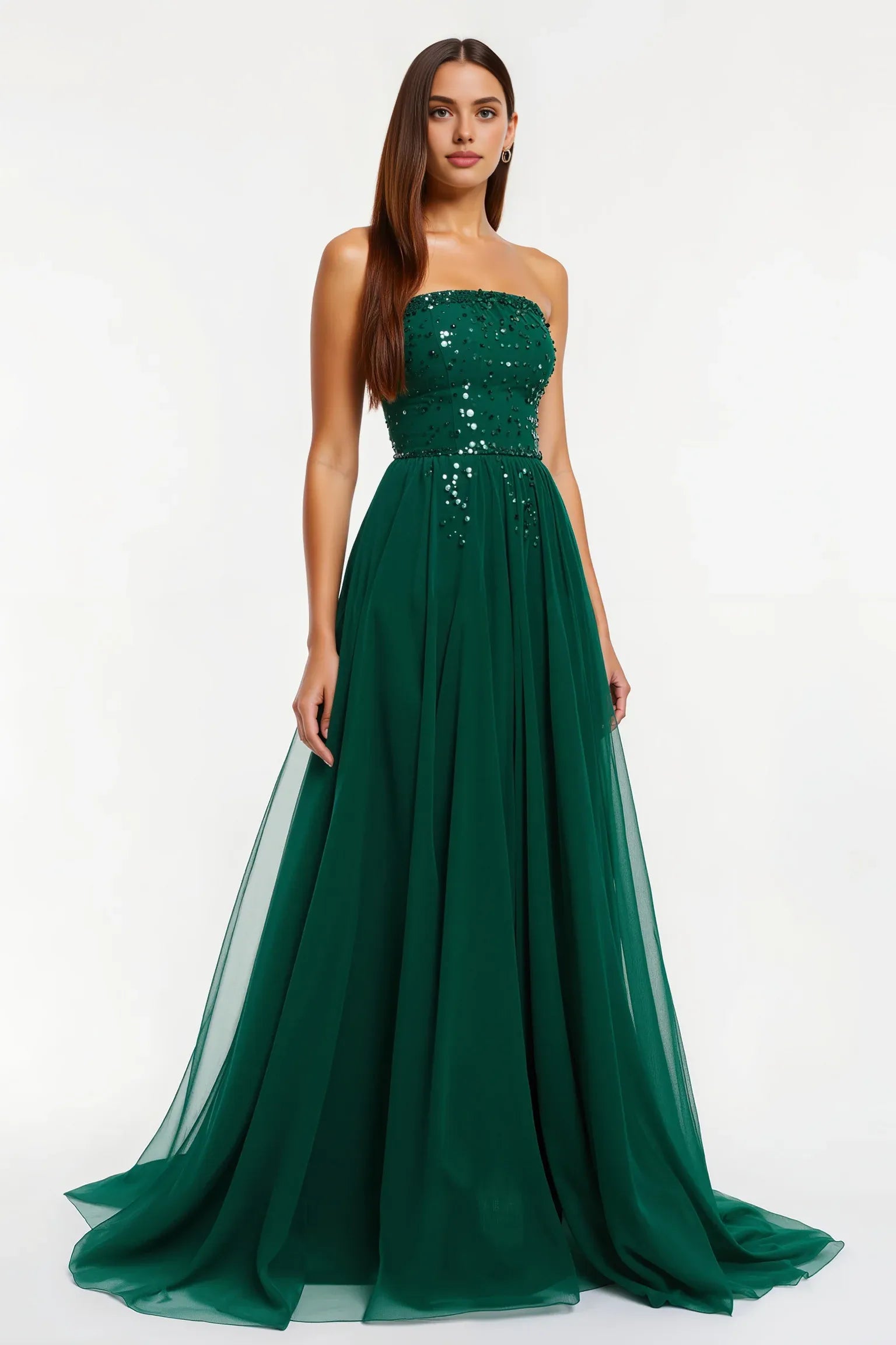Sparkly A-Line Strapless Sleeveless Tulle Sweep/Brush Train Prom Dress