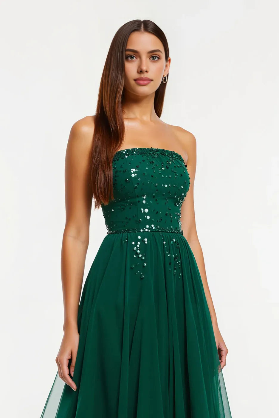 Sparkly A-Line Strapless Sleeveless Tulle Sweep/Brush Train Prom Dress