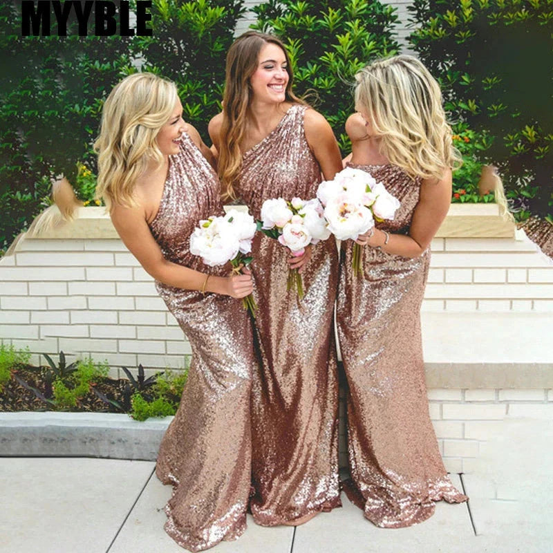 Sparkly Floor Length One shoulder Long Sequins Bridesmaid Dresses