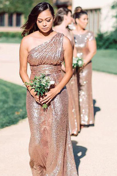 Sparkly Floor Length One shoulder Long Sequins Bridesmaid Dresses