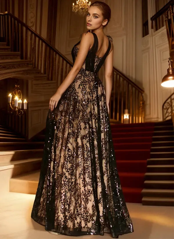 Sparkly Illusion Neck Sleeveless A-Line Slit Lace Floor-Length Evening Dress