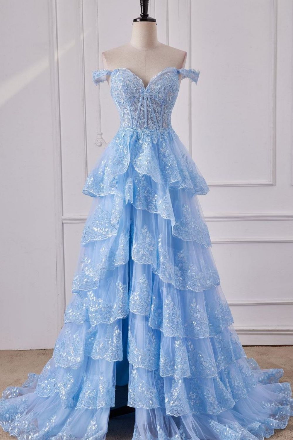 Weitese Sparkly Light Blue A-Line Off The Shoulder Long Prom Dress With Slit