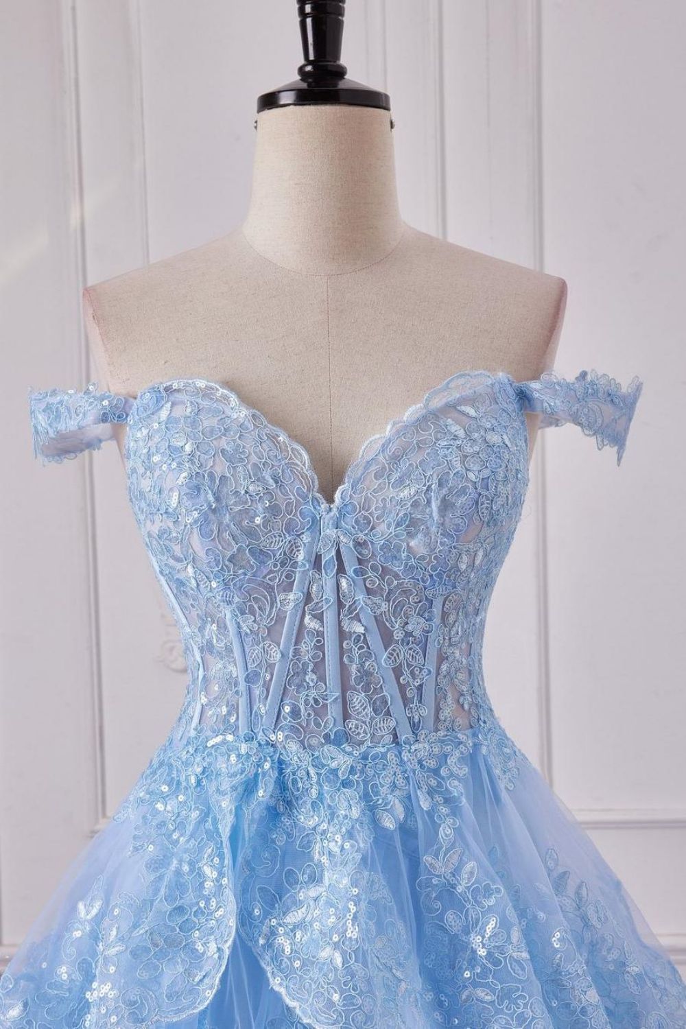 Weitese Sparkly Light Blue A-Line Off The Shoulder Long Prom Dress With Slit