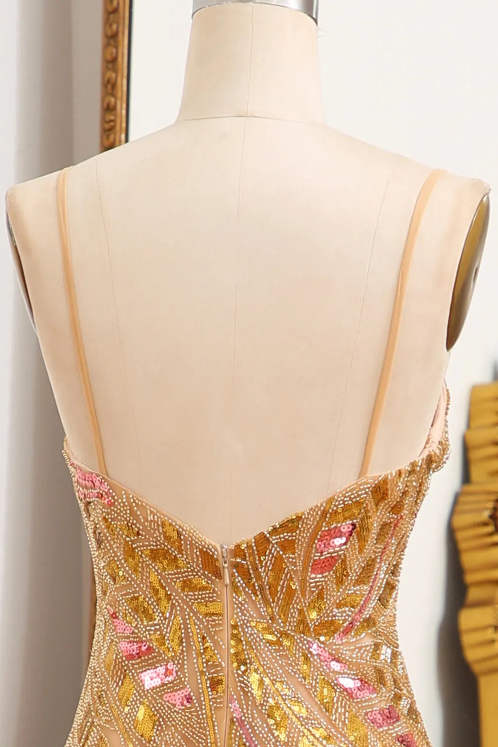 Sparkly Mermaid Spaghetti Straps Golden Sequins Floor Length Backless Prom Dress with Split Front