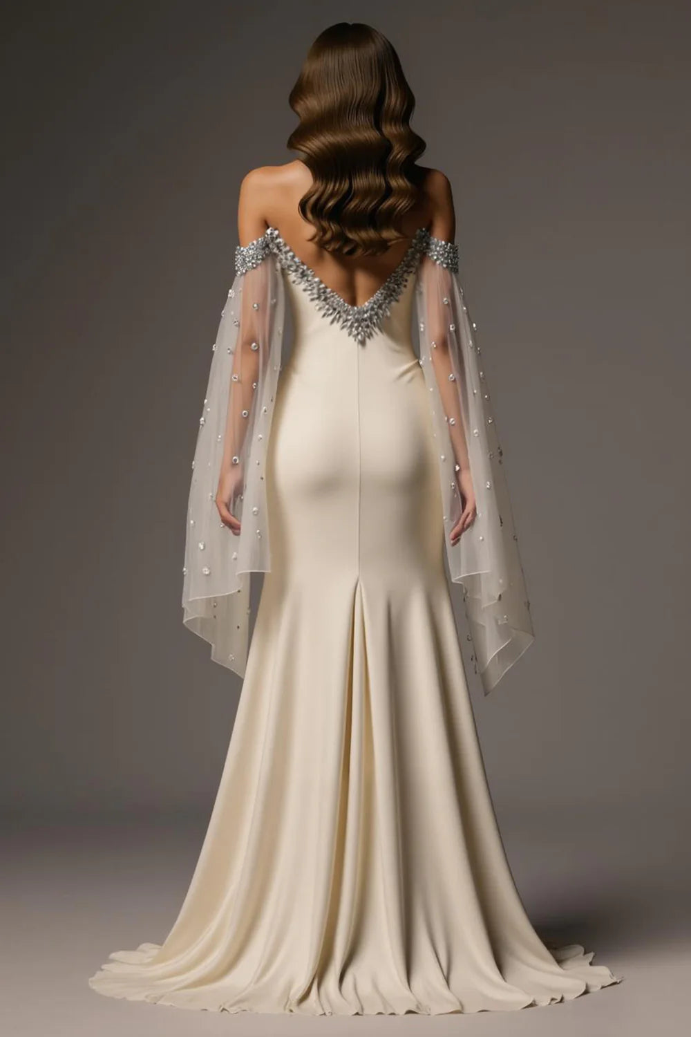 Sparkly Mermaid/Trumpet Off the Shoulder Flutter Sleeve Backless Sweep/Brush Train Prom Dress