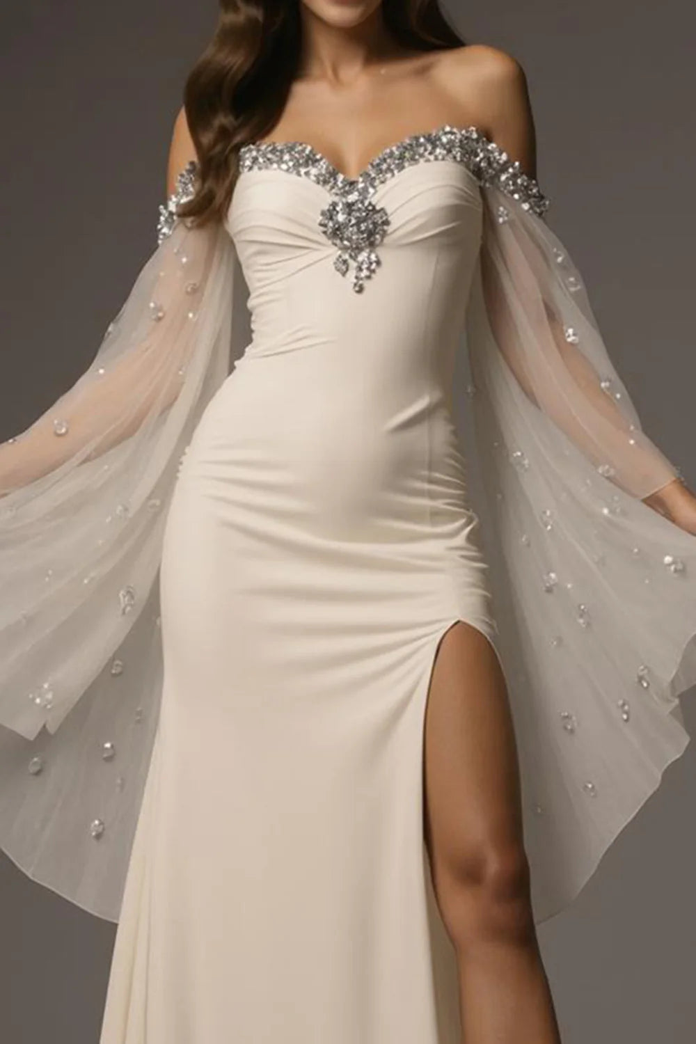 Sparkly Mermaid/Trumpet Off the Shoulder Flutter Sleeve Backless Sweep/Brush Train Prom Dress