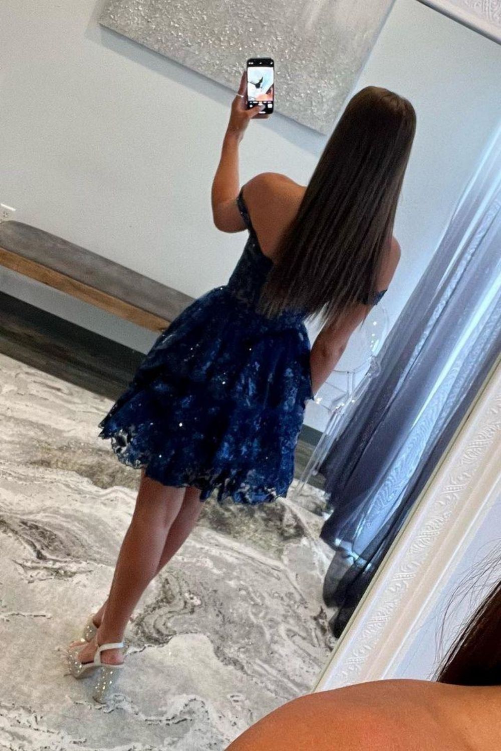 Weitese Sparkly Navy A-Line Short Tiered Homecoming Dress With Appliques