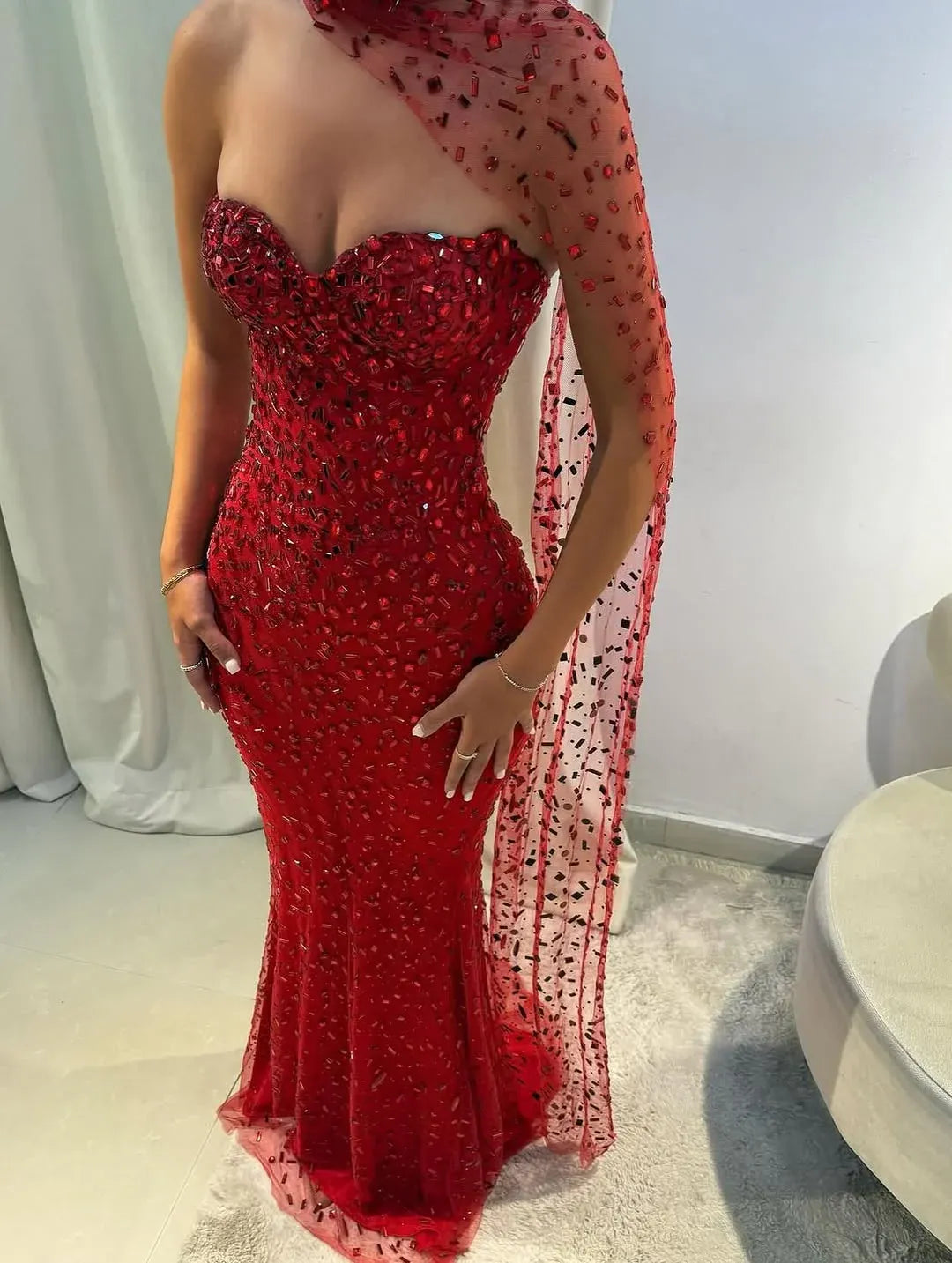 Sparkly Off the Shoulder Sleeveless Mermaid Crystal Tulle Sweep Train Prom Dress