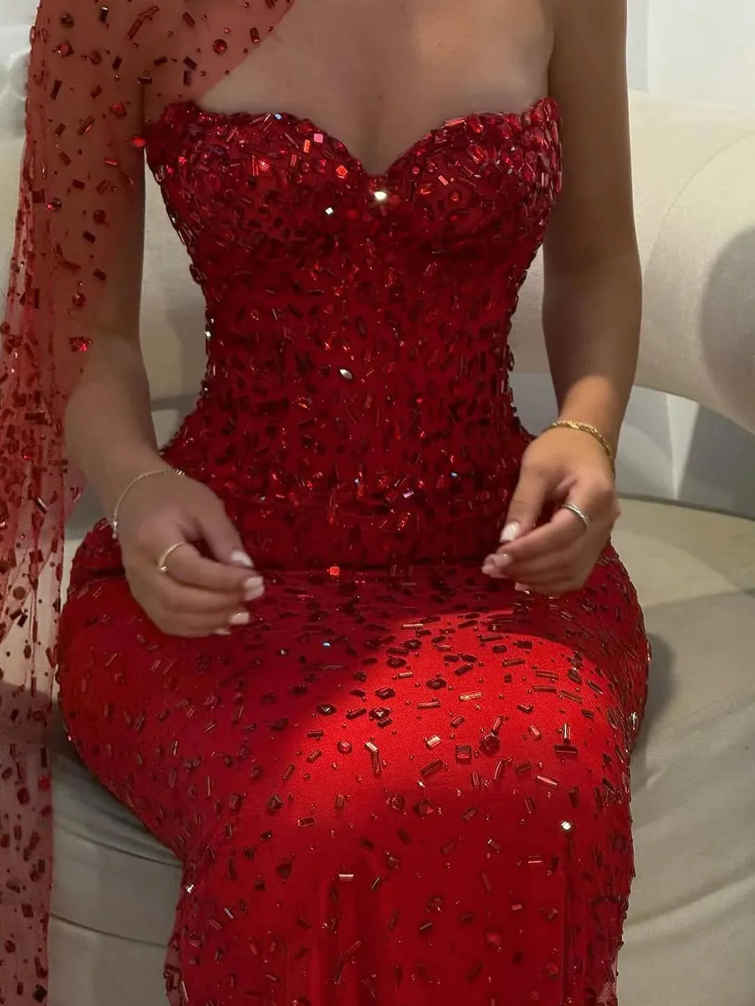 Sparkly Off the Shoulder Sleeveless Mermaid Crystal Tulle Sweep Train Prom Dress