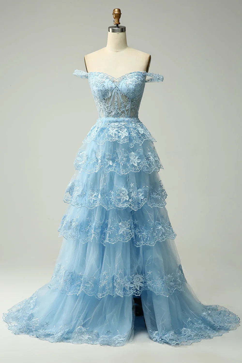 Graceful Off the Shoulder Sleeveless Princess Tulle Tiered Slit Long Prom Dress