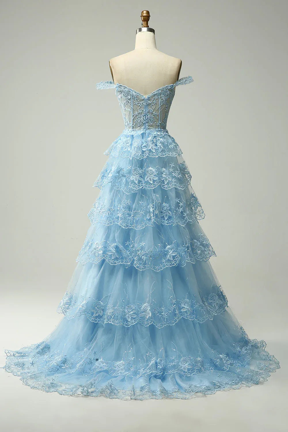 Graceful Off the Shoulder Sleeveless Princess Tulle Tiered Slit Long Prom Dress