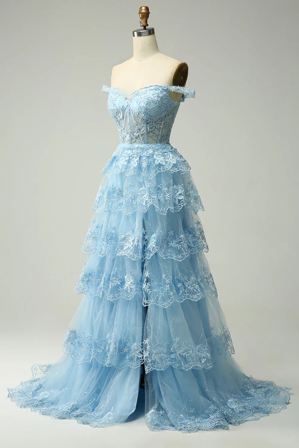 Graceful Off the Shoulder Sleeveless Princess Tulle Tiered Slit Long Prom Dress
