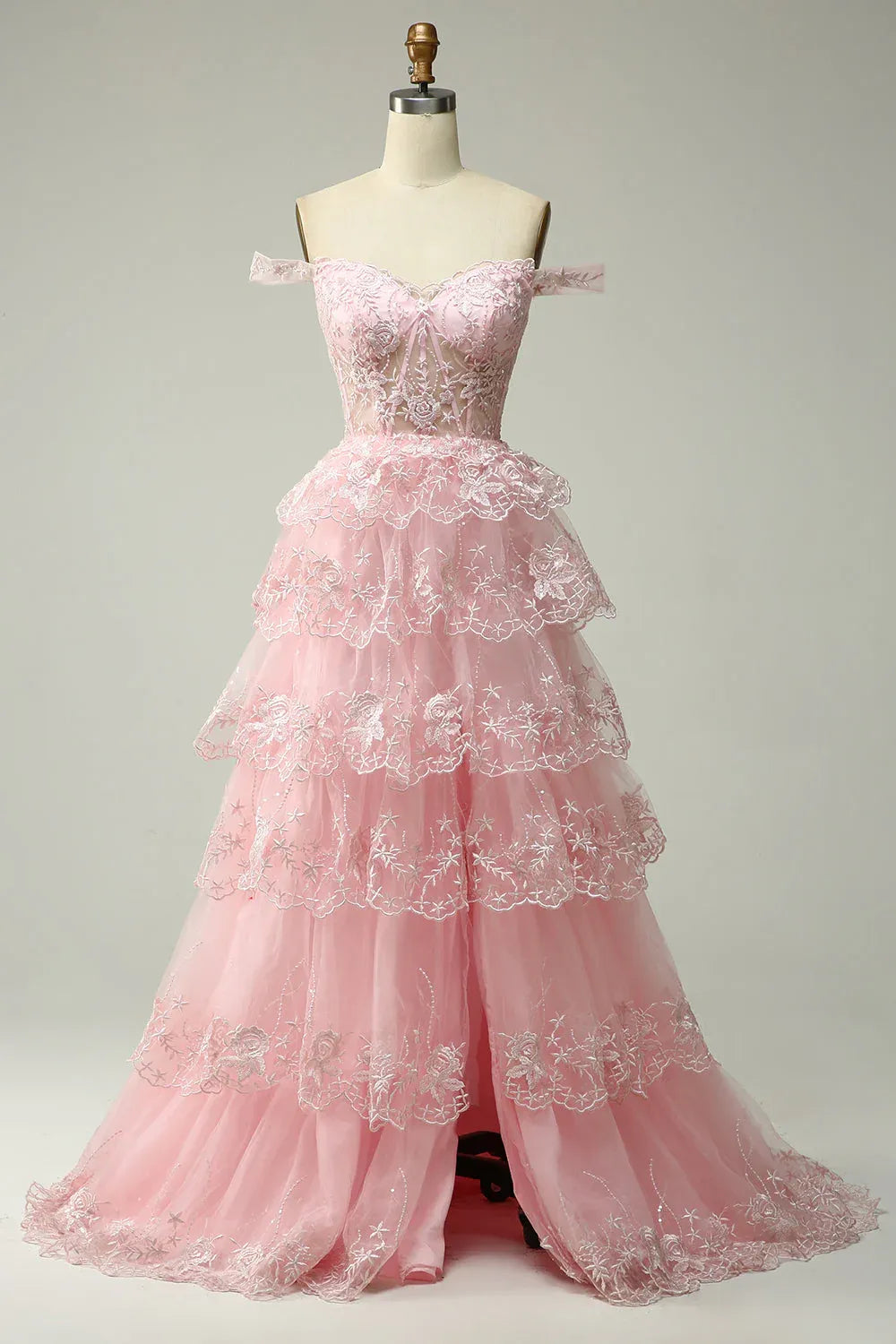 Graceful Off the Shoulder Sleeveless Princess Tulle Tiered Slit Long Prom Dress
