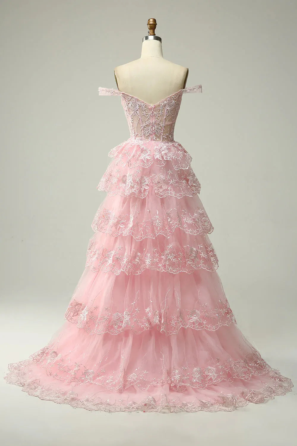 Graceful Off the Shoulder Sleeveless Princess Tulle Tiered Slit Long Prom Dress