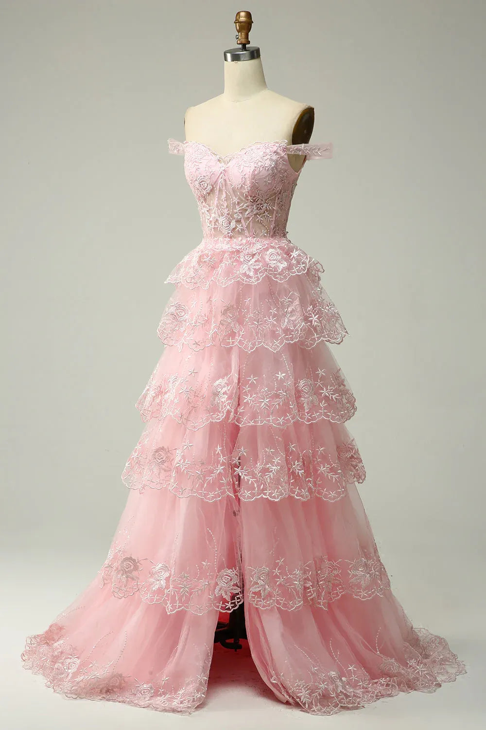 Graceful Off the Shoulder Sleeveless Princess Tulle Tiered Slit Long Prom Dress
