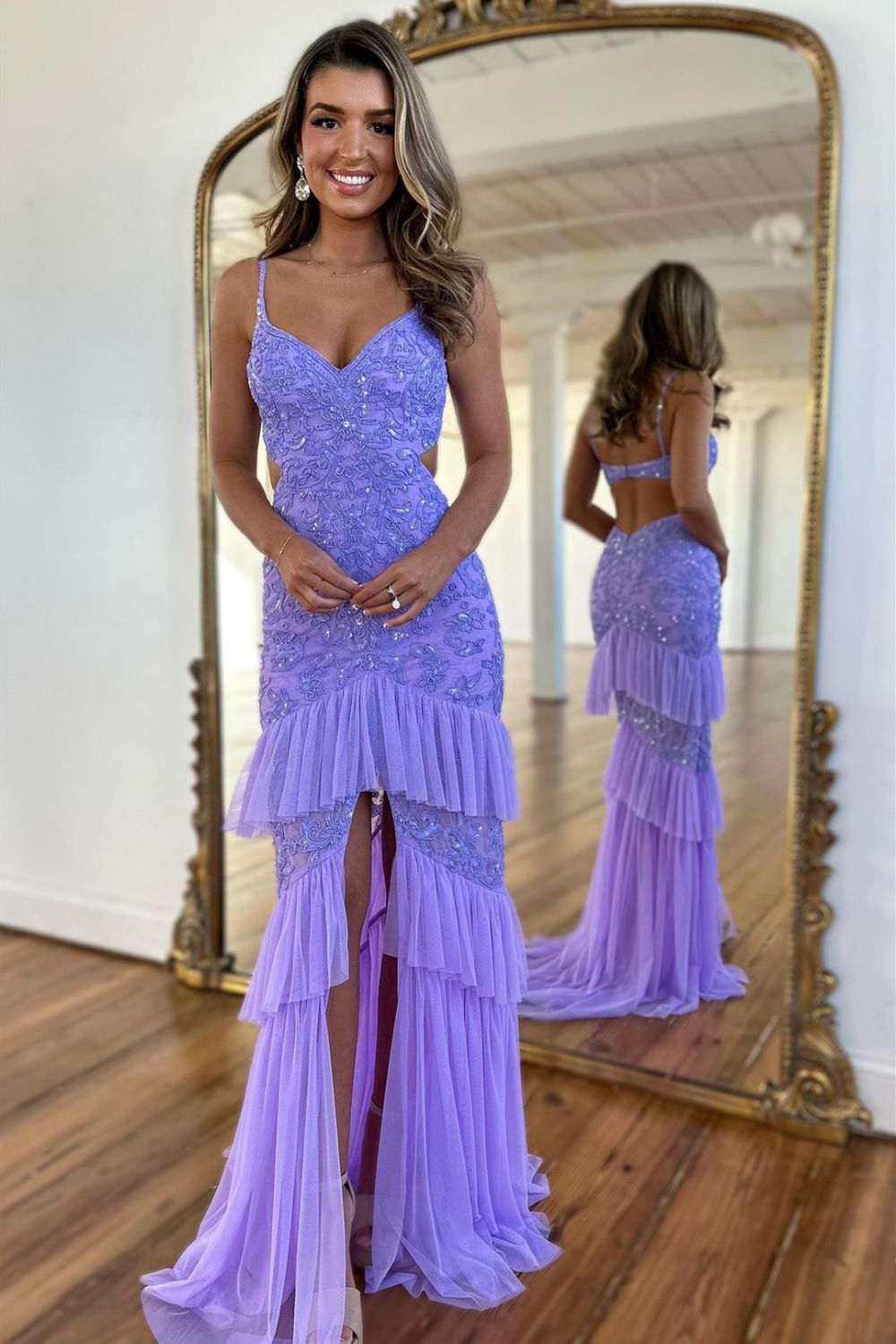 Weitese Sparkly Purple Mermaid Spaghetti Straps Long Tiered Prom Dress With Slit