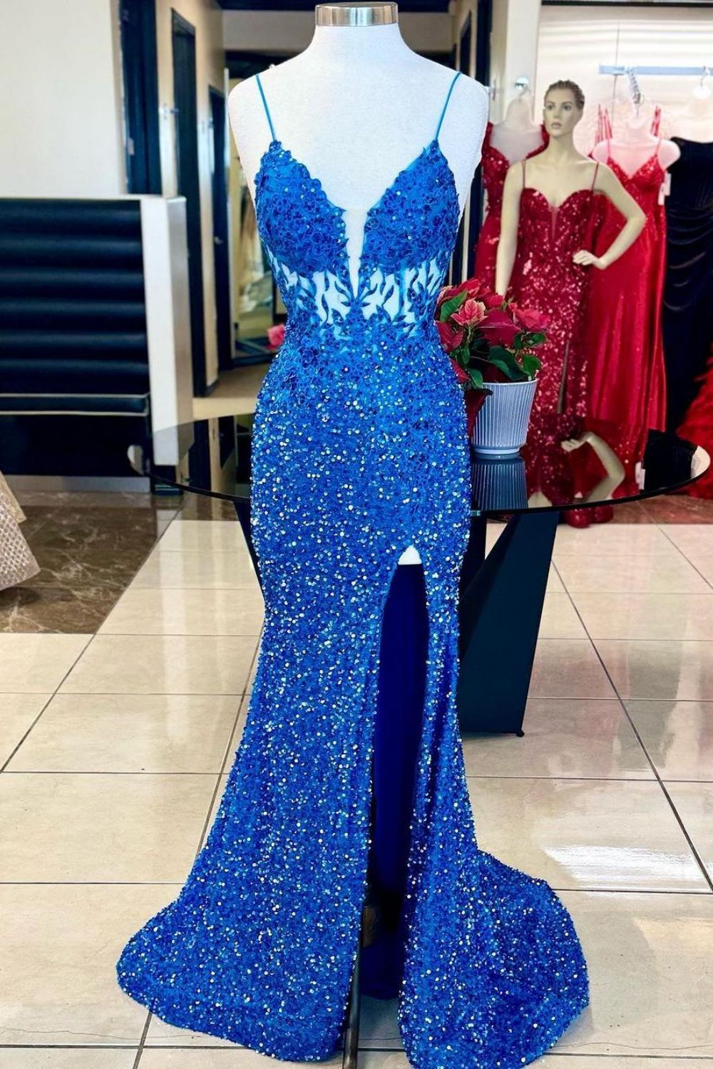 Weitese Sparkly Sequin Mermaid Spaghetti Straps Long Prom Dress With Slit