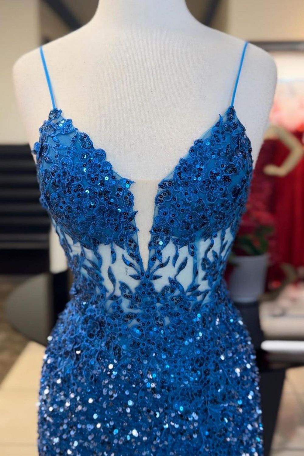 Weitese Sparkly Sequin Mermaid Spaghetti Straps Long Prom Dress With Slit