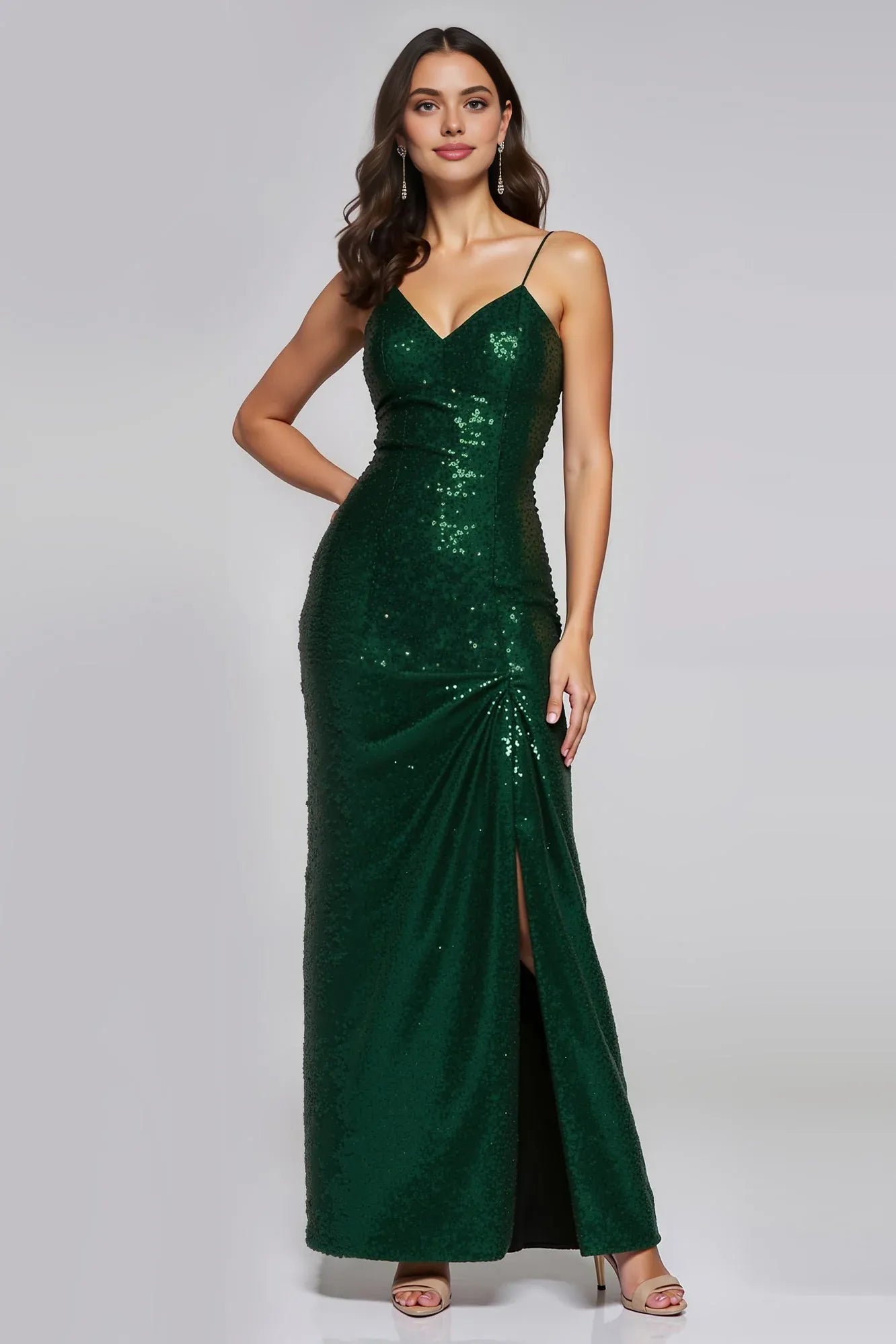Sparkly Sheath/Column V Neck Sleeveless Sequins Floor-Length Prom Dress