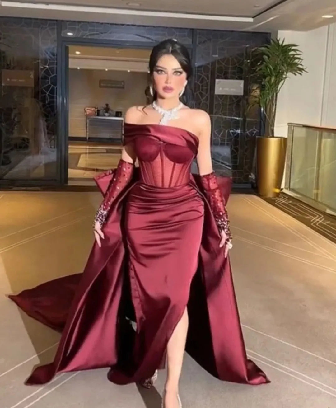 Sparkly Sheath Off-The-Shoulder Sleeveless Slit Satin Floor-Length Prom Dress