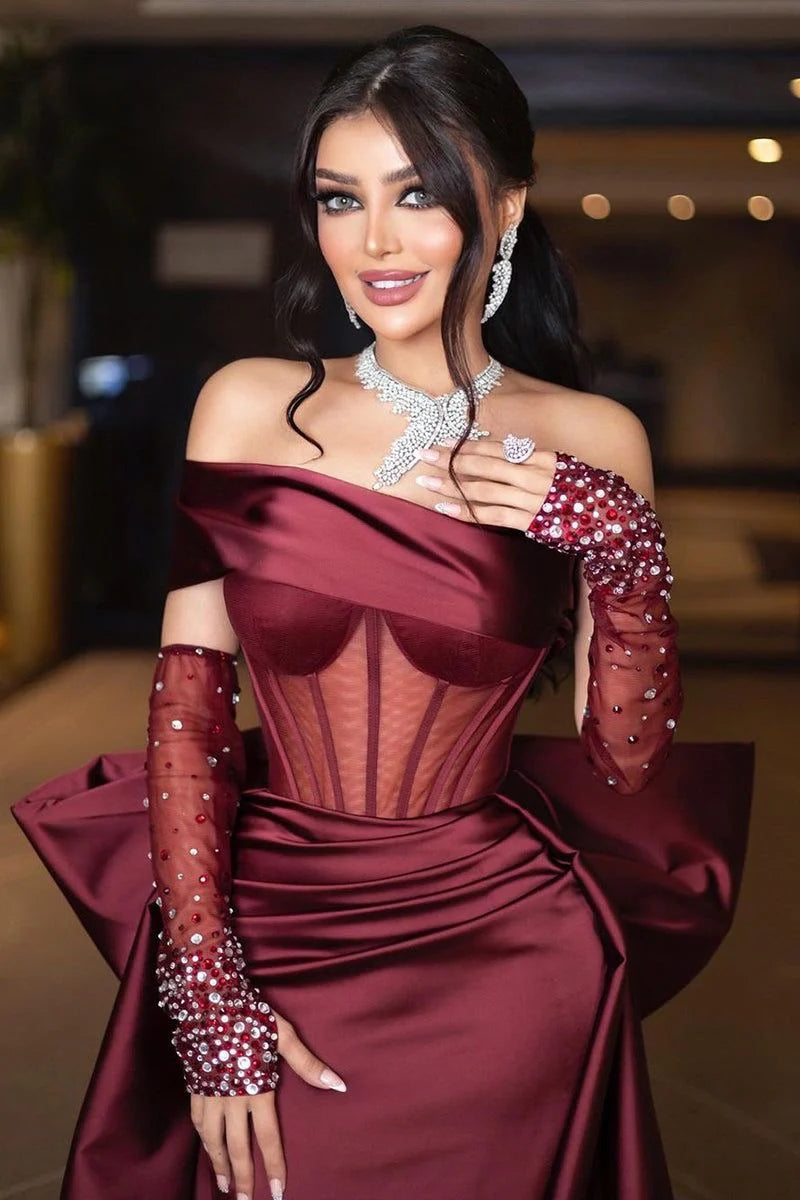 Sparkly Sheath Off-The-Shoulder Sleeveless Slit Satin Floor-Length Prom Dress