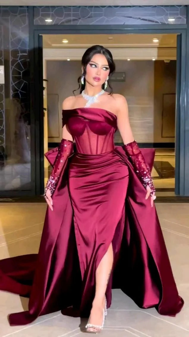 Sparkly Sheath Off-The-Shoulder Sleeveless Slit Satin Floor-Length Prom Dress