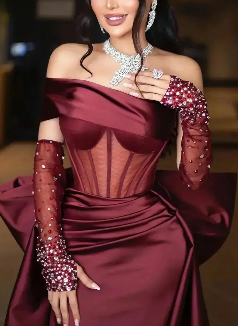 Sparkly Sheath Off-The-Shoulder Sleeveless Slit Satin Floor-Length Prom Dress