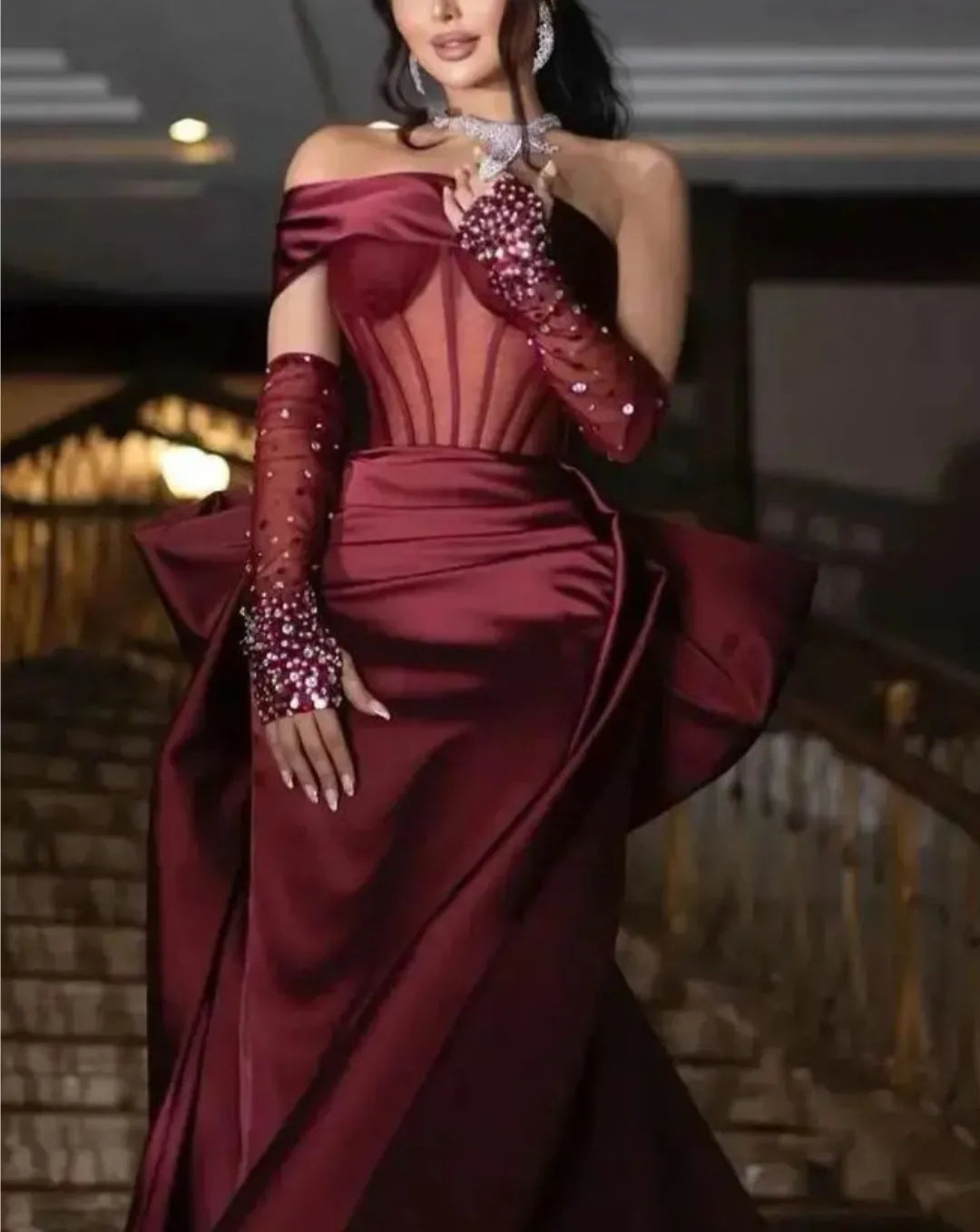 Sparkly Sheath Off-The-Shoulder Sleeveless Slit Satin Floor-Length Prom Dress