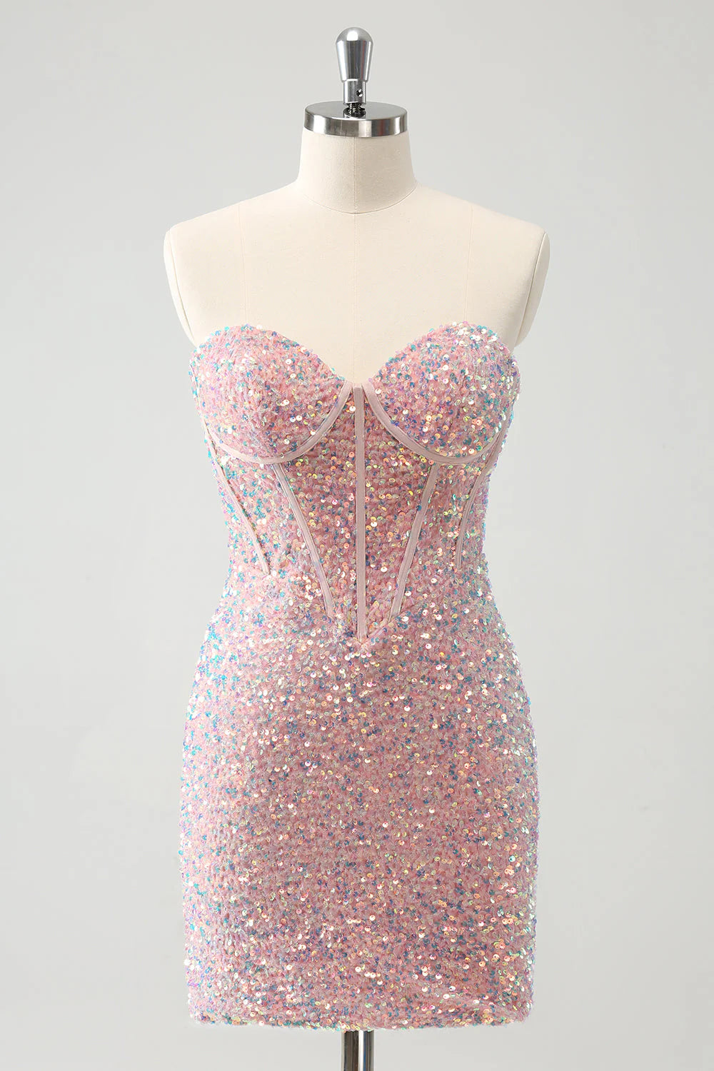 Robe de soirée courte moulante sans bretelles scintillante avec paillettes 